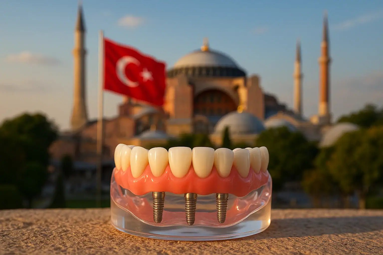 Ayasofya ve Türk bayrağı önünde, şeffaf kaidede üç implant vidası görünen tam çene protez modeli