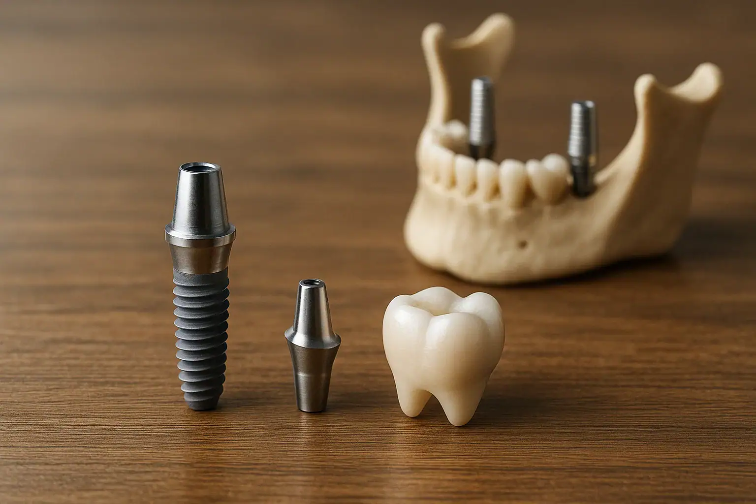 Çene modeli yanında ahşap üzerinde dizilmiş implant vidası, abutment ve kuron