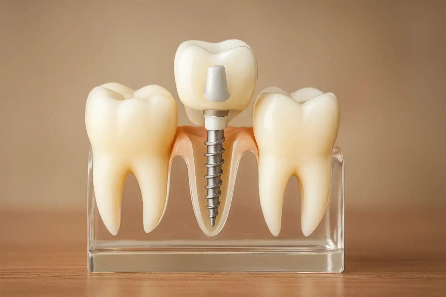 İki doğal azı dişi arasında vidalı implant kronu gösteren şeffaf çene modeli