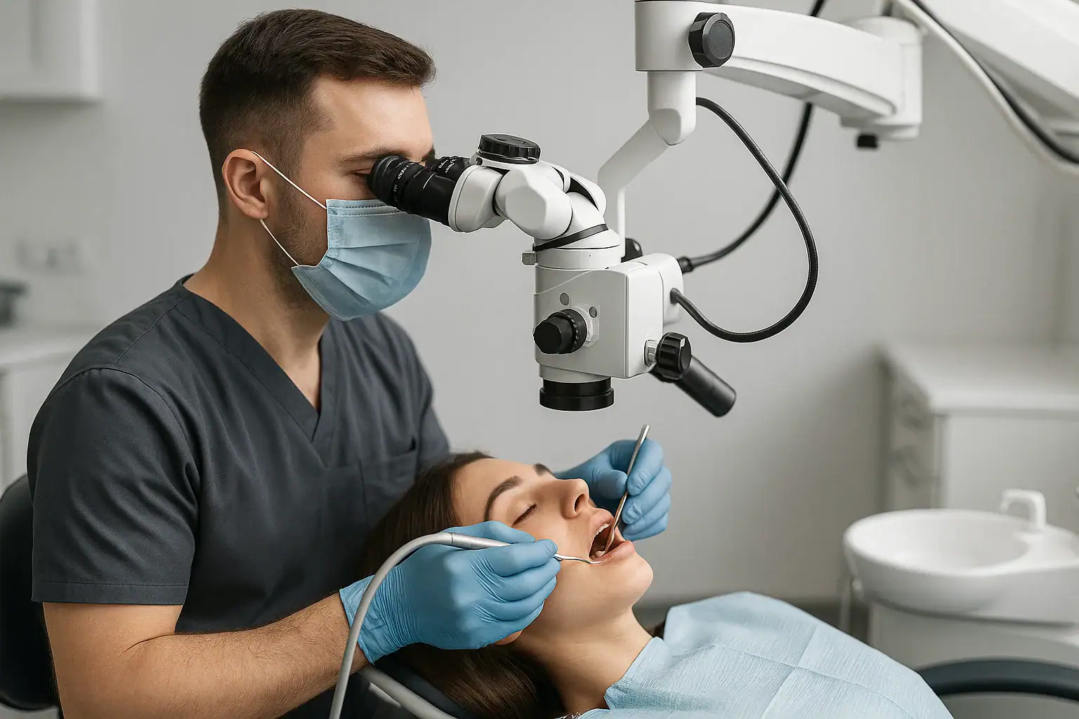 Koltukta uzanan hastada dental operasyon mikroskobu ile çalışan diş hekimi