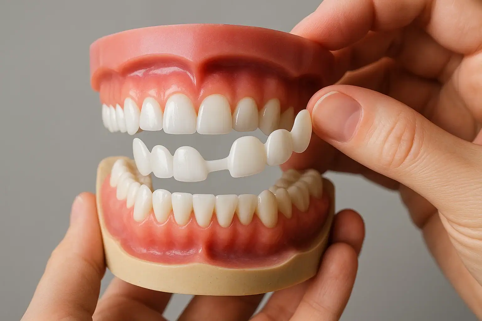 Bir el diş modelini tutarken üst dişlerin üzerinde takıp çıkarılan veneer kabuğu görülüyor