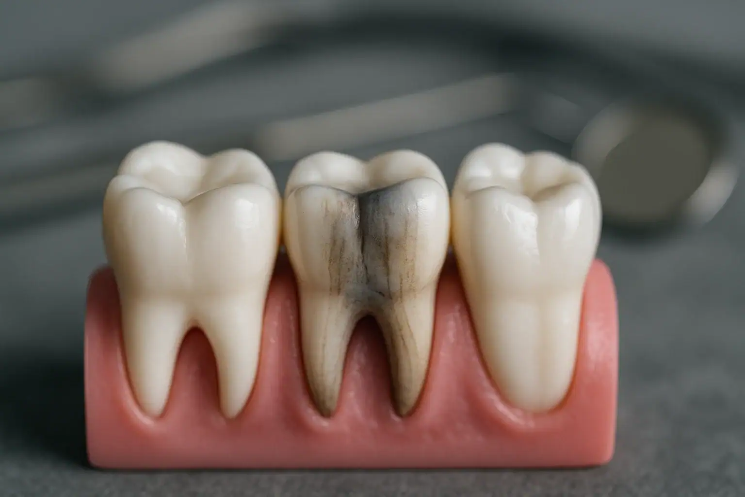 Ortadaki gri koyulaşmış üç azı dişinin dental modeli, arkada bulanık görünen aletler