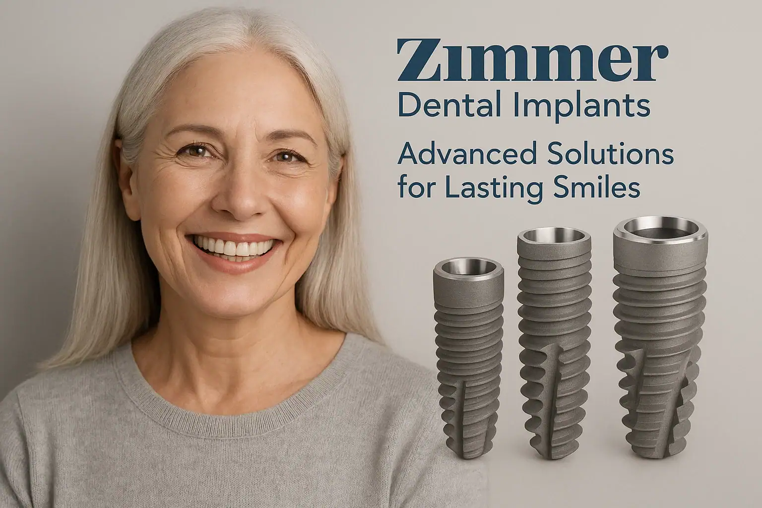 Artan uzunluklarda gösterilen üç titanyum vida implantın yanında gülümseyen gri saçlı kadın